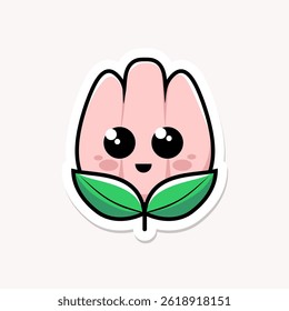 Um bonito e simples kawaii-estilo ilustração de um broto de flor com um rosto sorridente e grandes olhos redondos. O broto tem pétalas rosa macias e folhas verdes na parte inferior.