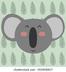 Cute simple koala face cartoon vector illustration on a leaf pattern background