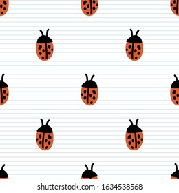 Cute simple ladybug bug seamless vector pattern. Hand drawn red spotted wildlife insect on striped background. Critter entomology home decor. Naive, ecology, ladybird all over print. 