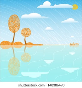 the cute simple landscape with autumn trees and clouds