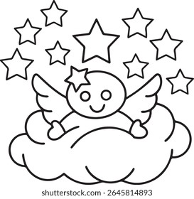 A cute, simple line drawing of a baby angel with wings sitting on a fluffy cloud surrounded by stars, isolated on white background.