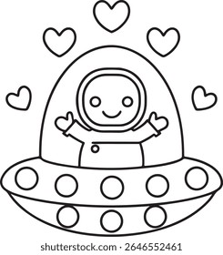 Um lindo e simples desenho de uma astronauta de desenho animado em uma nave espacial, cercada por corações. Esta ilustração brincalhona é perfeita para livros ou desenhos infantis, isolados sobre fundo branco.