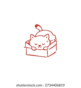 Un dibujo lindo y simple de un gato con los ojos cerrados descansando dentro de una caja de cartón sobre un fondo blanco.