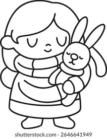 A cute, simple line drawing of a child wearing a scarf and holding a stuffed bunny. The child's eyes are closed, conveying a sense of comfort and peace.