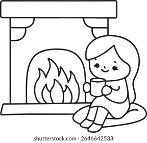 A cute, simple line drawing of a child sitting by a fireplace, holding a mug. The image evokes feelings of warmth, comfort, and coziness during colder seasons.