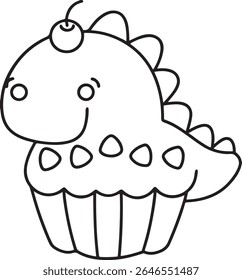 A cute, simple line drawing of a dinosaur-shaped cupcake with a cherry on top. This whimsical dessert illustration is perfect for children's themes, baking, or fun party designs, isolated on white bac