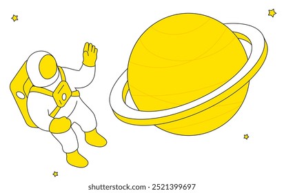 Ilustração de desenho de linha bonito e simples de astronautas caminhadas no espaço e Saturno, Ilustração Vetorial