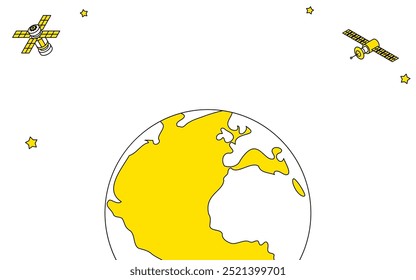 Cute and simple line drawing illustration of earth and satellite, Vector Illustration