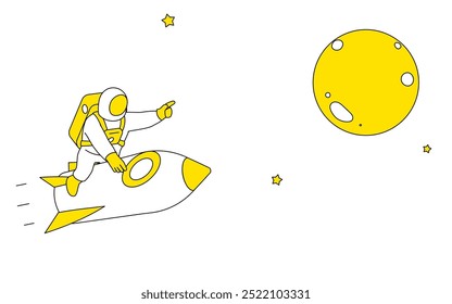 Cute simple line drawing illustration of an astronaut straddling a rocket and pointing to the moon, Vector Illustration