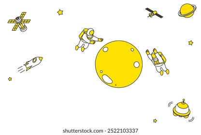 Linda ilustración de dibujo de línea simple de astronautas que investigan la luna en el espacio, Ilustración vectorial