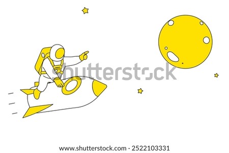 Cute simple line drawing illustration of an astronaut straddling a rocket and pointing to the moon, Vector Illustration