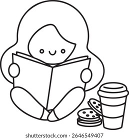 A cute, simple line drawing of a person reading a book with a coffee cup and cookies. This charming illustration is isolated on a white background, perfect for conveying relaxation and enjoyment.