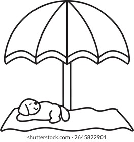 A cute, simple line drawing of a puppy sleeping peacefully under a beach umbrella on a towel. This charming illustration is isolated on a white background.