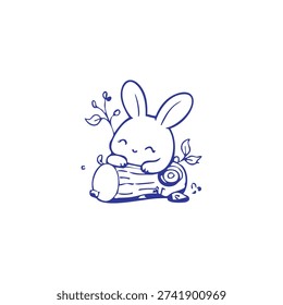 A cute, simple line drawing shows a happy rabbit peeking over a rustic wooden log with small leaves.