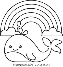 A cute, simple line drawing of a smiling whale with water spouting from its blowhole, under a rainbow and clouds. Perfect for children's coloring pages and designs.