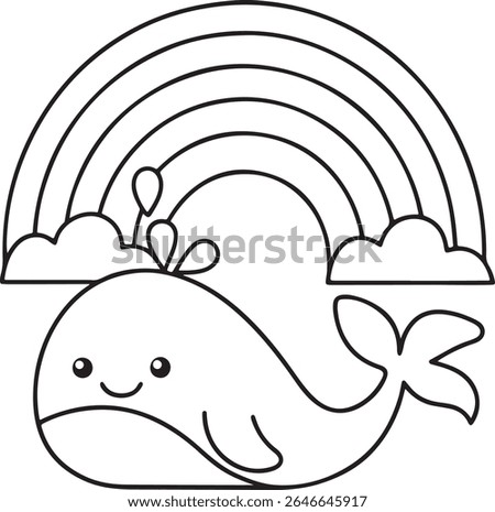 A cute, simple line drawing of a smiling whale with water spouting from its blowhole, under a rainbow and clouds. Perfect for children's coloring pages and designs.