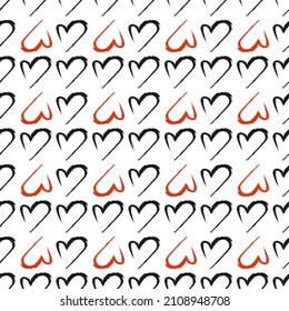 Einfache, schmale Linie, Herzdruck. Festliche Dekoration zum Valentinstag. Nahtloses schwarz-weißes Muster mit rotem, handgezeichnet Symbol der Liebe. Vektorgrafik