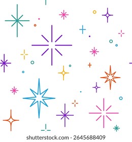 Cute simple line sparkles and stars pattern, backgroud. Minimalistic illustration.