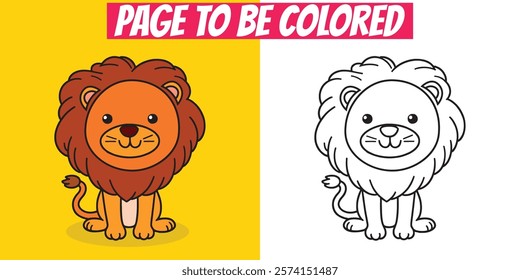 Cute and simple lion coloring page with a black-and-white outline and colored version. Great for doodle activities and educational fun.