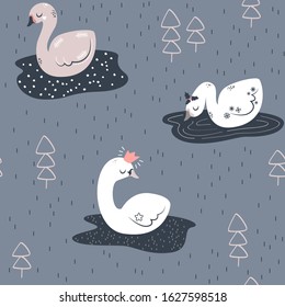 Cute and simple little swans with princess crown on lakes, seamless pattern in minimalist Nordic scandinavian style design. Vector print for baby nursery in winter Christmas theme with birds and trees