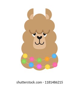 Cute simple llama head vector illustration. Brown llama, alpaca head, face with ears, eyes and nose. Fluffy llama animal with colorful pom poms around neck, isolated. 