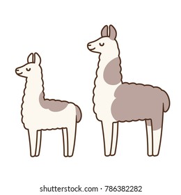 Cute And Simple Llamas Drawing, Adult And Baby Llama. Funny Cartoon South American Guanaco Vector Illustration.