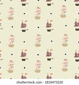 Cute simple marine pattern with sailboats and polka dots  in hand-drawn style.  Simple and stylish trendy fabric design for children.
