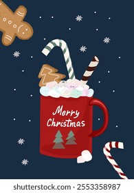 Cute simple Marry Christmas greeting poster, card. Red mug with cocoa and marshmellows, ginger coocies and sweets. Hot drinks design