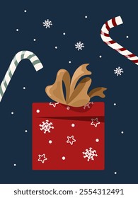 Cute simple Marry Christmas greeting poster, card. Red gift box on dark-blue background
