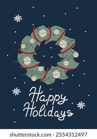 Cute simple Marry Christmas greeting poster, card. Fun Christmas wreath on dark-blue background