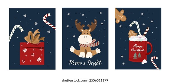 Cute simple Marry Christmas greeting posters set. Cartoon sitting reindeer with scarf,mug with hot cocoa and marshmallows and red gift box on dark-blue background