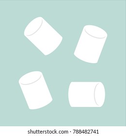 Cute simple marshmallow candy, vector illustration. White classic marshmallows isolated on blue-green background.