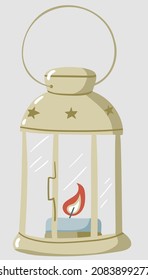 Cute simple minimalistic flat illustration of vintage hand lamp lantern with burning blue candle and handle