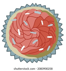 Cute simple minimalistic flat illustration of view top of cupkake with pink swirl cream and colorful sprinkles