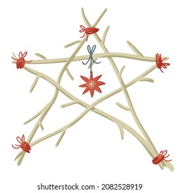 Cute simple minimalistic illustration of handmade star with bare branches tied by red thread