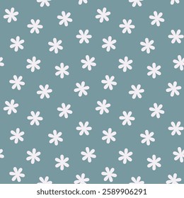 Cute simple minimalistic white flowers on blue background seamless pattern