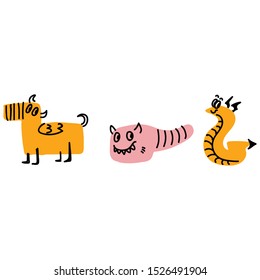 Cute simple monster character illustrations. Hand drawn fantasy dragon creature clipart. 