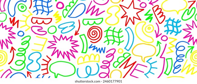 Cute simple multicolor lines  seamless  pattern with different hand painted elements. Vector seamless template background. Color doodle memphis style illustration.
