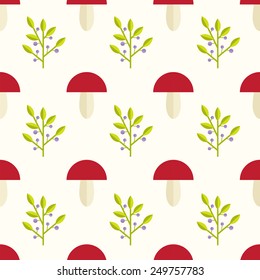 Cute and simple mushrooms and berries background. Seamless pattern.