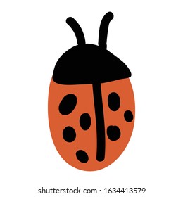 Cute simple naive ladybird doodle clipart. Hand drawn red spotted insect. Flat color entomology beetle illustration.