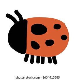 Cute simple naive ladybug doodle clipart. Hand drawn red spotted insect. Flat color entomology beetle illustration. 