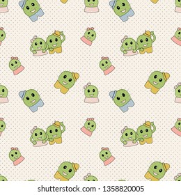 Cute simple naive seamless pattern with funny cactus: girl with bow and boy with hat on polka dots background.For decoration of children t-shirts,dresses, pajamas, linen,underwear,pillowcases.Vector