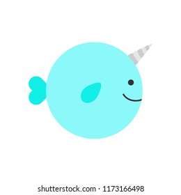 Cute simple narwhal vector icon. Blue narwhale with grey, silver horn cartoon illustration, isolated.