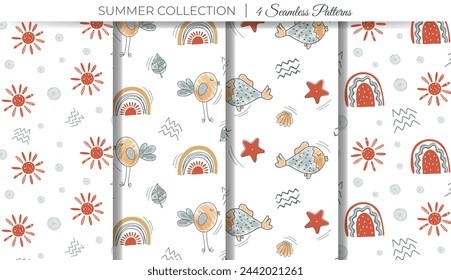 Cute simple nursery patterns. Set of summer doodle backgrounds with rainbow, sun, bird and fish. 