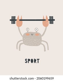 Cute Simple Nursery Vector Art with Gray Smiling Crab Lifting a Barbell isolated on a Pastel Blue Background.Print with a Crab That is Exercising ideal for Card, Wall Art, Poster,Kids Room Decoration.