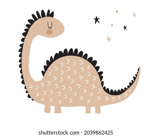 Ilustración simple de vectores de guardería con dinosaurios marrones tímidos y estrellas negras y marrones de fondo blanco. Impresión encantadora para Baby Boy y Girl. Impresión con Dino gracioso para tarjeta, arte en la pared, afiche.