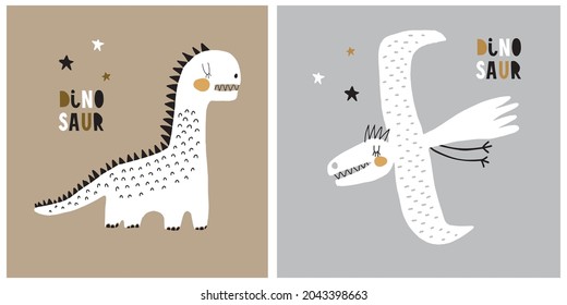Cute Simple Nursery Vector Illustration with White Dinosaurs and Stars on a Brown and Light Gray Background. Lovely Print for Baby Boy and Girl. Print with Funny Dino for Card, Wall Art, Poster.