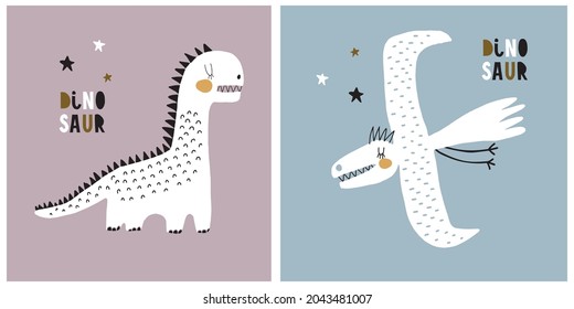Cute Simple Nursery Vector Illustration with White Dinosaurs and Stars on a Violet and Pale Blue Background. Lovely Print for Baby Boy and Girl. Print with Funny Dino for Card, Wall Art, Poster.