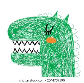 Cute Simple Nursery Vector Illustration with Green Dinosaur made of Scribbles Isolated on a White Background. Lovely Print for Baby Boy and Girl. Print with Funny Dragon for Card, Wall Art, Poster.