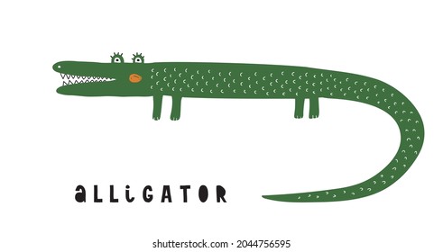 Cute Simple Nursery Vector Illustration with Hand Drawn Green Alligator on a White Background. Lovely Wild Animal Print for Baby Boy and Girl. Funny Infantile Style Art with Big Crocodile.